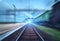 Railway station with cargo wagons in motion blur effect at sunse