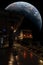 Railway station in space, train stop near planet, railway station platform in cosmos, travel to other planets and worlds, space