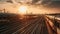 Railway station with train under sunset, Generative AI