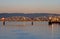 Railway swing bridge over Columbia River at sunrise