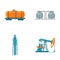 A railway tank, an oil storage, a drilling tower, an oil pump. Oil industry set collection icons in cartoon style vector