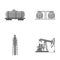 A railway tank, an oil storage, a drilling tower, an oil pump. Oil industry set collection icons in monochrome style