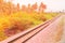 Railway track on gravel for train transportation with sunlight with copy space add text. select focus with shallow depth of field