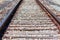 Railway track, rails, wooden sleepers, ballast stone gravel