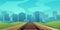 Railway track road to city on horizon. Path for train going into distance. Rails and sleepers. Cartoon fun style. Flat