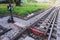 Railway track on steel bridge -shallow depth of field. Rail switch control