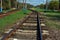 Railway tracks and Kharkiv city park landscape in the horizon, spring day