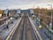 Railway tracks and platforms at Hooton Station in Wirral in north-west England.