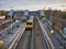 Railway tracks and platforms at Hooton Station in Wirral in north-west England, UK.