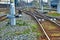 The railway tracks split to join the next series of parallel tracks.Railway tracks in the railway depot.