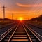 Railway tracks at sunset. Landscape with railway tracks at sunset