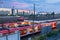 Railway with trains on Hackerbrucke train and S-bahn station in Munich, Germany