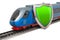 Railway Transport Insurance or Passenger Transportation Insurance concept. Bus with shield, 3D rendering