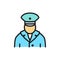 Railway worker, train conductor, subway flat color line icon.