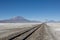 Railways in the landscape of the Salar de Uyuni and lagoons like