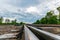 Railways. Nature landscape. Blue clouds.