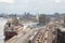 Railyard with container trains and wagons and a cargo ship standing in the industrial port of Montreal in Quebec