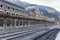 Railys and main biulding in the Abandoned railway station of Canfranc Huesca Spain