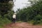 Rain in the caatinga - lonely old man walking on the clay road