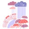 Rain city background with clouds and umbrellas