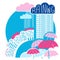 Rain city background with clouds and umbrellas.Vector color flat