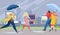 Rain in city, people walk with umbrellas, urban life concept, town street, walking outdoors, cartoon style vector