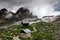 Rain clouds over huts in Triglav Lakes Valley, Julian Alps