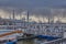 Rain at the docks in Hamburg. Harbor in Hamburg. Cloud burst in the harbor in Hamburg. Cloudburst at the docks in Hamburg