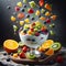 rain of fruits on a bowl of Greek yogurt