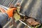 Rain Gutter Cleaning from Leaves in Autumn . Roof Gutter Cleaning Tips.