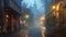 The rain has left a misty veil over the cobblestone streets adding an air of mystery and enchantment to the already