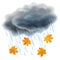 Rain illustration. Realistic gray clouds, raindrops and leaves