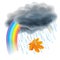 Rain illustration. Realistic gray clouds, raindrops and rainbow