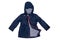 Rain jacket. Close-up of elegant waterproof marine blue zipper windbreaker jacket and hood for girls isolated on a white