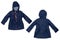 Rain jacket. Close-up of elegant waterproof marine blue zipper windbreaker jacket and hood for girls isolated on a white