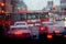 Rain in London view to red bus through rain-specked window