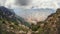 Rain in the mountains. Changeable weather of the Caucasus Mountains. Panoramic view