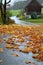 Rain-slicked road with foliage