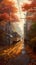 Rain in Tokyo, Autumn city life, maple trees with vibrant leaves along wet street, AI generative