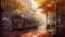 Rain in Tokyo, Autumn city life, maple trees with vibrant leaves along wet street, AI generative