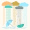 Rain.Vector illustration with stylish flat clouds and umbrellas