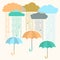 Rain.Vector image with stylish flat clouds and umbrella