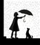 Rain walk with dog, girl holding the umbrella above the dog, my friend dog, black and white, shadow,