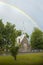 A rainbow above the Anglican stone-field church, St. Peter`s of Cookshire-Eaton in Estrie, Quebec, Canada
