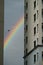 Rainbow appearing with flying bird on evening sky between two buildings