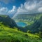 Rainbow appearing over a lush valley