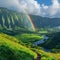 Rainbow appearing over a lush valley