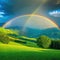 a rainbow appears over a green valley with mountains in the Made With Generative AI illustration