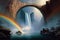 a rainbow arches over a waterfall, with mist billowing from the water