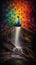 A rainbow arching over a cascading waterfall